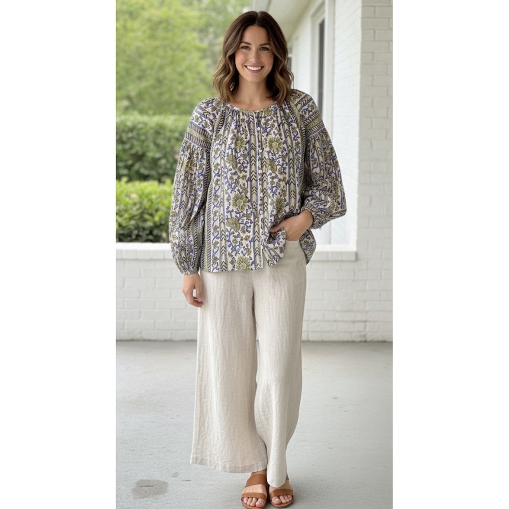 Omika Flora blouse in Nirali Whisper Handmade Block Print Floral Peasant Boho